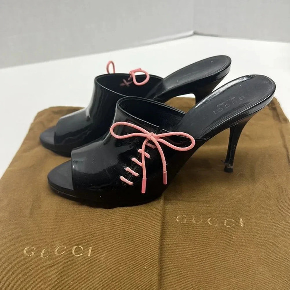 Gucci Heels Open Toe Mules Black Patent Leather Lace Up Pink Y2K Vintage 6.5 - Picture 3 of 12